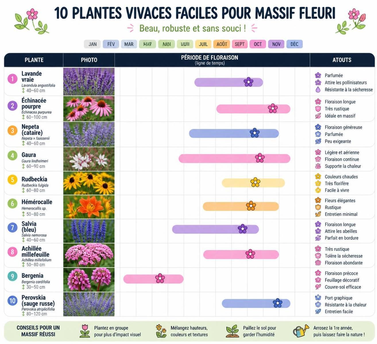 découvrez 10 plantes vivaces faciles à cultiver pour un massif fleuri de printemps à l'automne sans effort. idéal pour embellir votre jardin toute la saison.