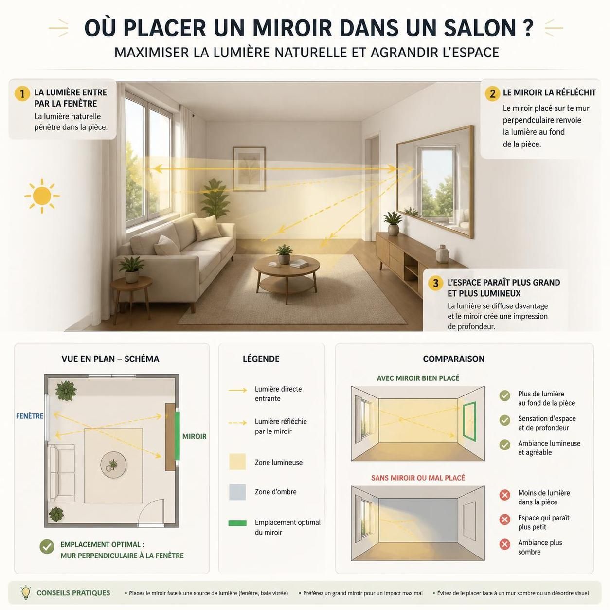 découvrez comment utiliser un miroir dans le salon pour agrandir visuellement l'espace et maximiser la luminosité, en optimisant la décoration et la disposition.