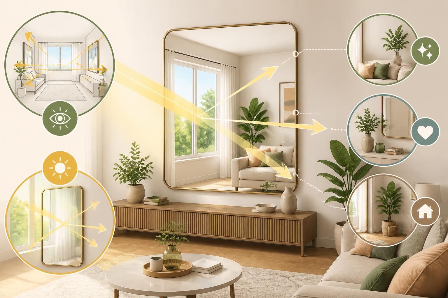 découvrez comment utiliser un miroir dans votre salon pour agrandir visuellement l'espace et maximiser la lumière naturelle, créant ainsi une ambiance chaleureuse et lumineuse.