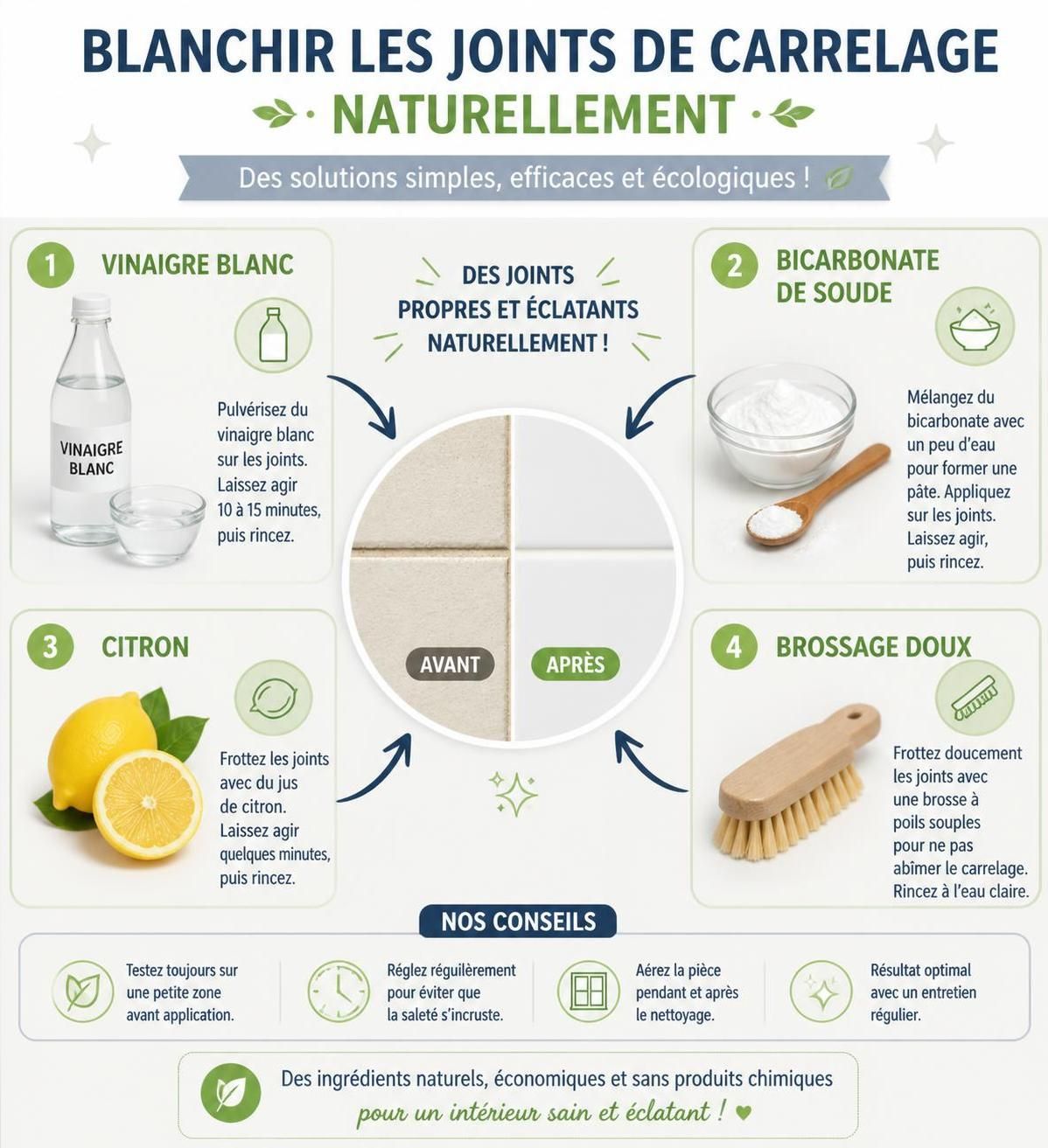 découvrez des méthodes naturelles efficaces pour nettoyer vos joints de carrelage et leur redonner leur éclat blanc sans produits chimiques.