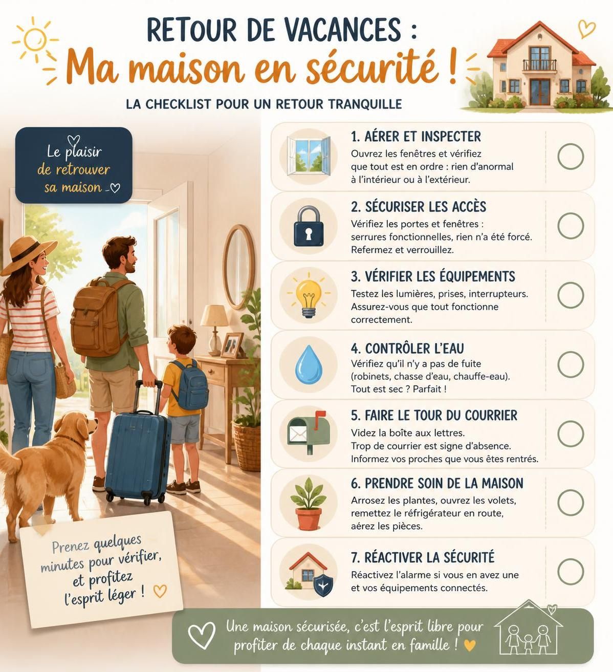découvrez les 7 premières tâches essentielles à réaliser dans votre maison après un retour de vacances pour retrouver un intérieur propre, sécurisé et agréable.