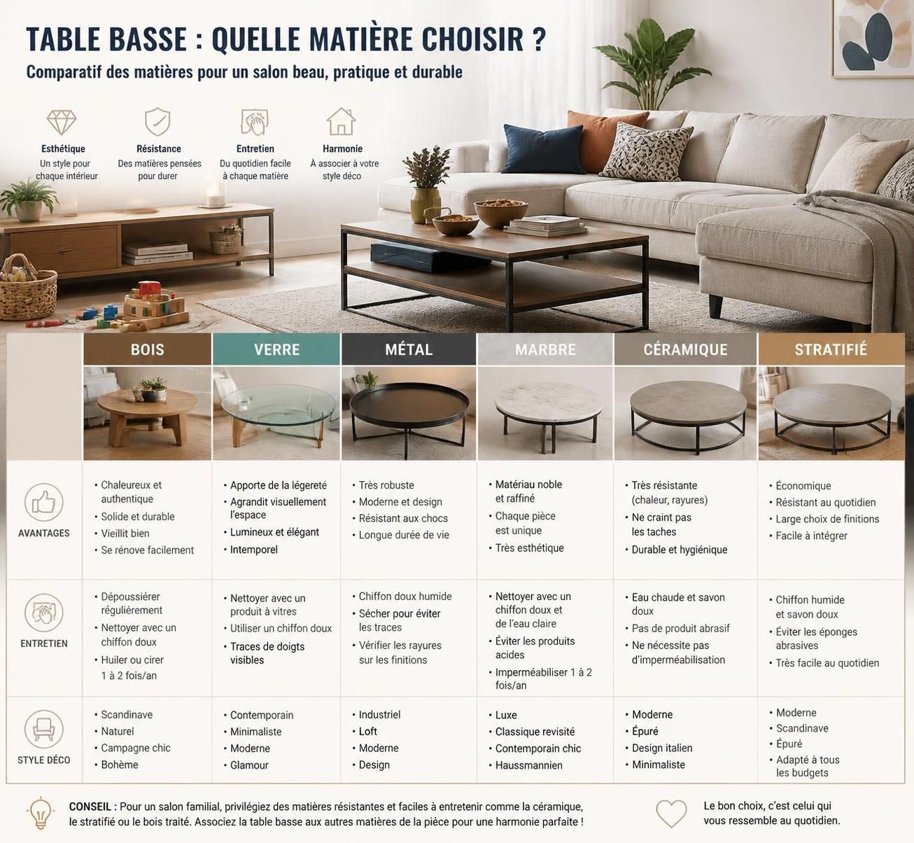 découvrez nos conseils pour choisir la table basse idéale en fonction de votre canapé, de l'espace disponible dans votre salon et de l'usage que vous souhaitez en faire.