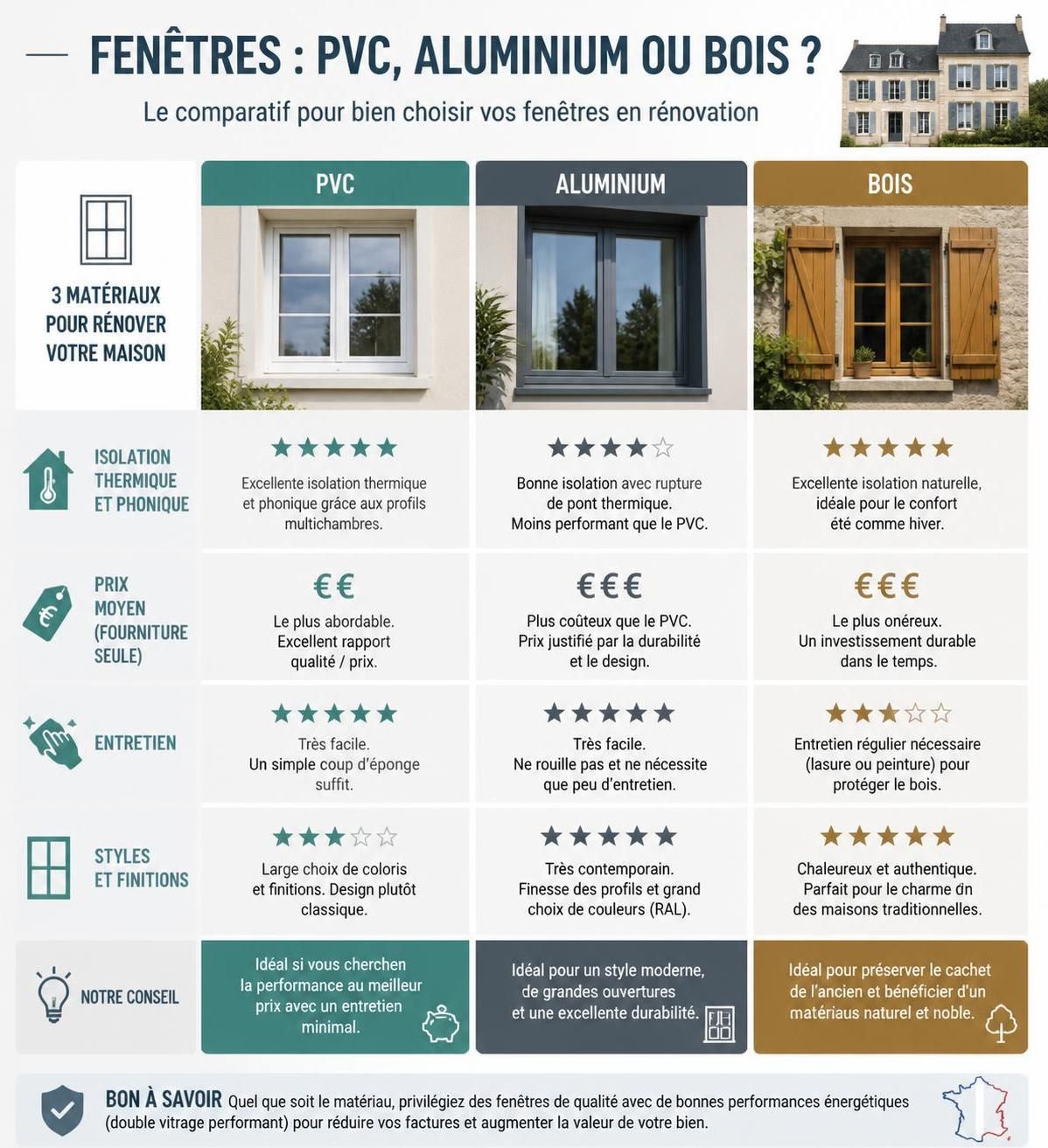 découvrez un comparatif complet des fenêtres en pvc, aluminium et bois pour choisir selon votre budget et vos besoins d'isolation. trouvez la solution idéale pour améliorer le confort et l'efficacité énergétique de votre maison.