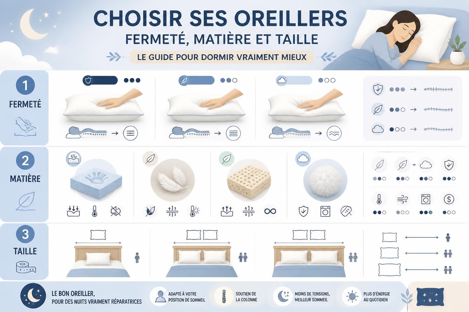 découvrez comment choisir les oreillers idéaux en fonction de la fermeté, de la matière et de la taille pour améliorer la qualité de votre sommeil grâce à notre guide complet.