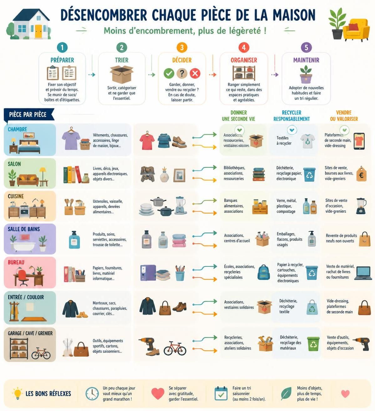 découvrez la méthode efficace pour désencombrer votre maison : triez, donnez ce dont vous n'avez plus besoin et retrouvez un espace de vie agréable et organisé.