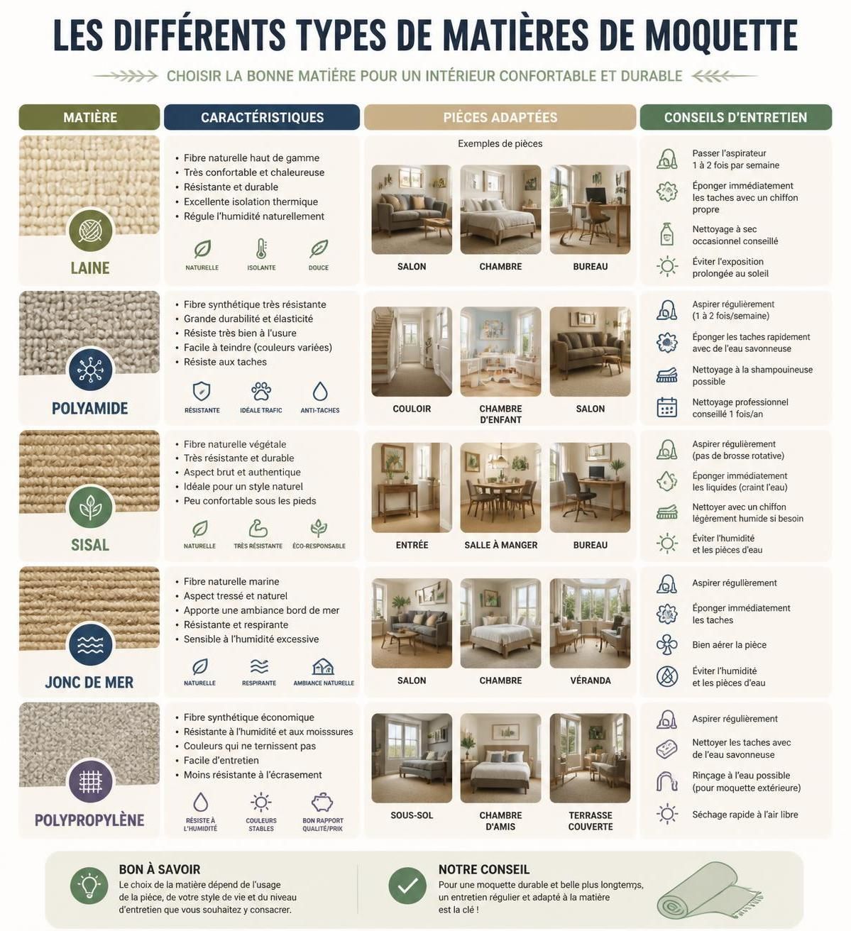 découvrez comment choisir la moquette idéale pour chaque pièce en fonction de la matière, de l'épaisseur et des conseils d'entretien pour un sol confortable et durable.
