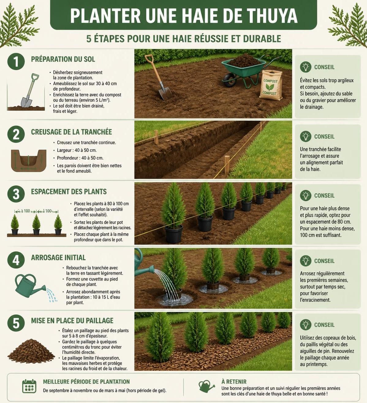 découvrez comment planter, tailler et entretenir votre thuya en haie pour profiter toute l'année d'un arbre persistant dense et esthétique.