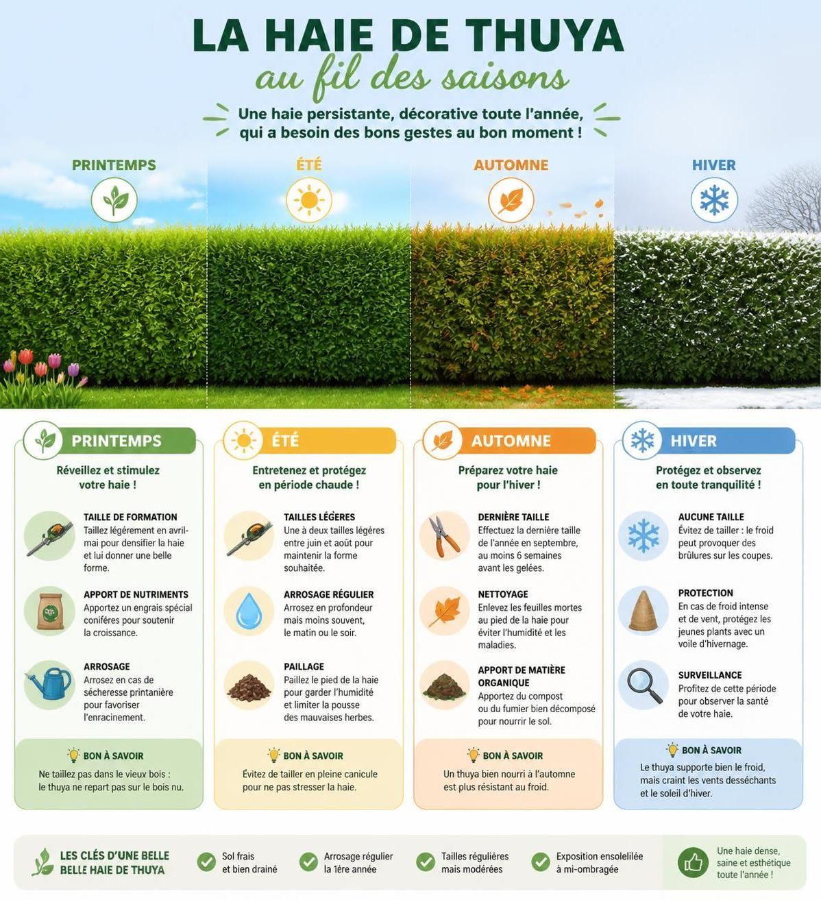 découvrez nos conseils pour planter, tailler et entretenir le thuya en haie, un arbre persistant idéal pour protéger et embellir votre jardin toute l'année.
