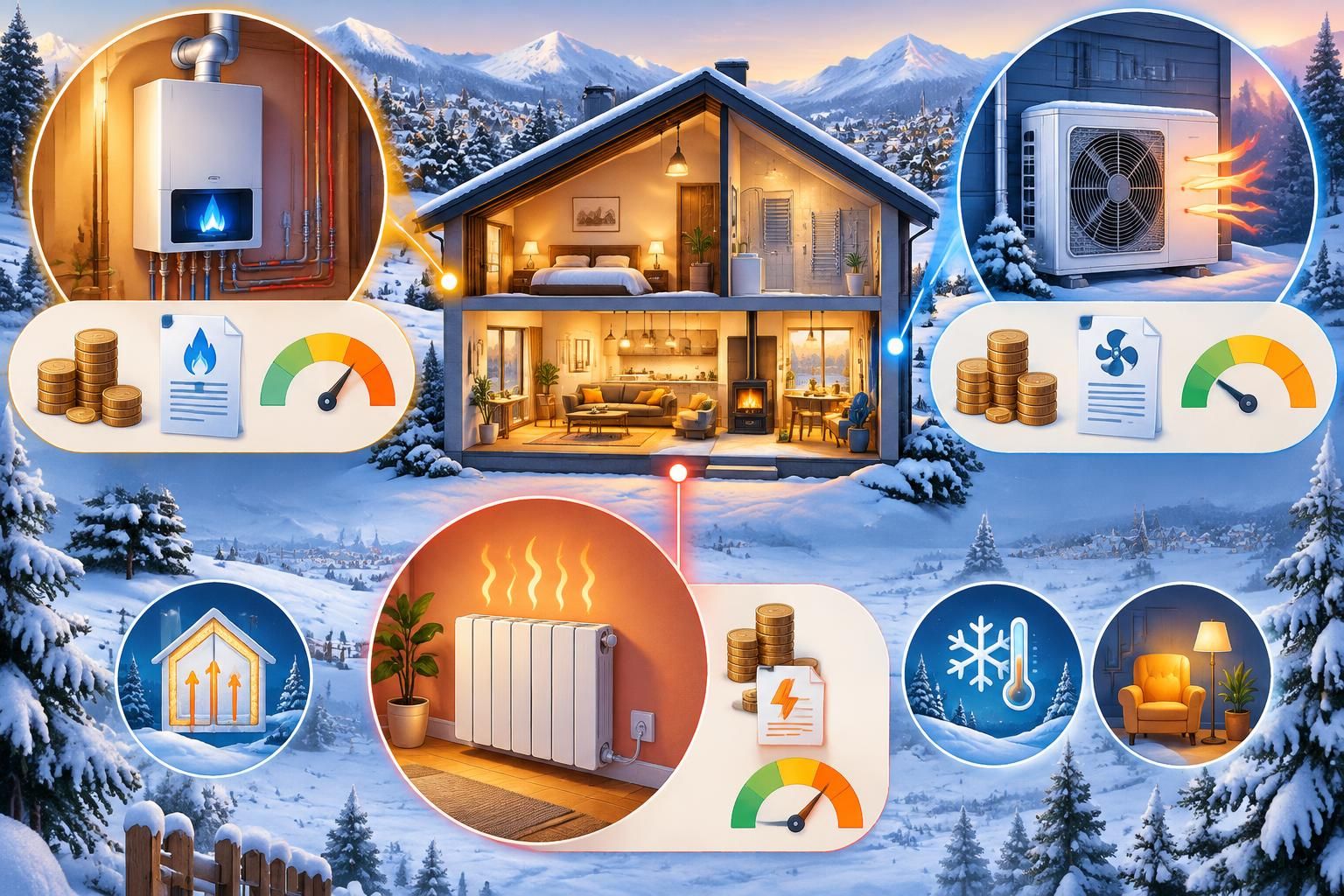 comparez les coûts réels du gaz, de l’électricité et de la pompe à chaleur pour choisir le chauffage le plus économique cet hiver.