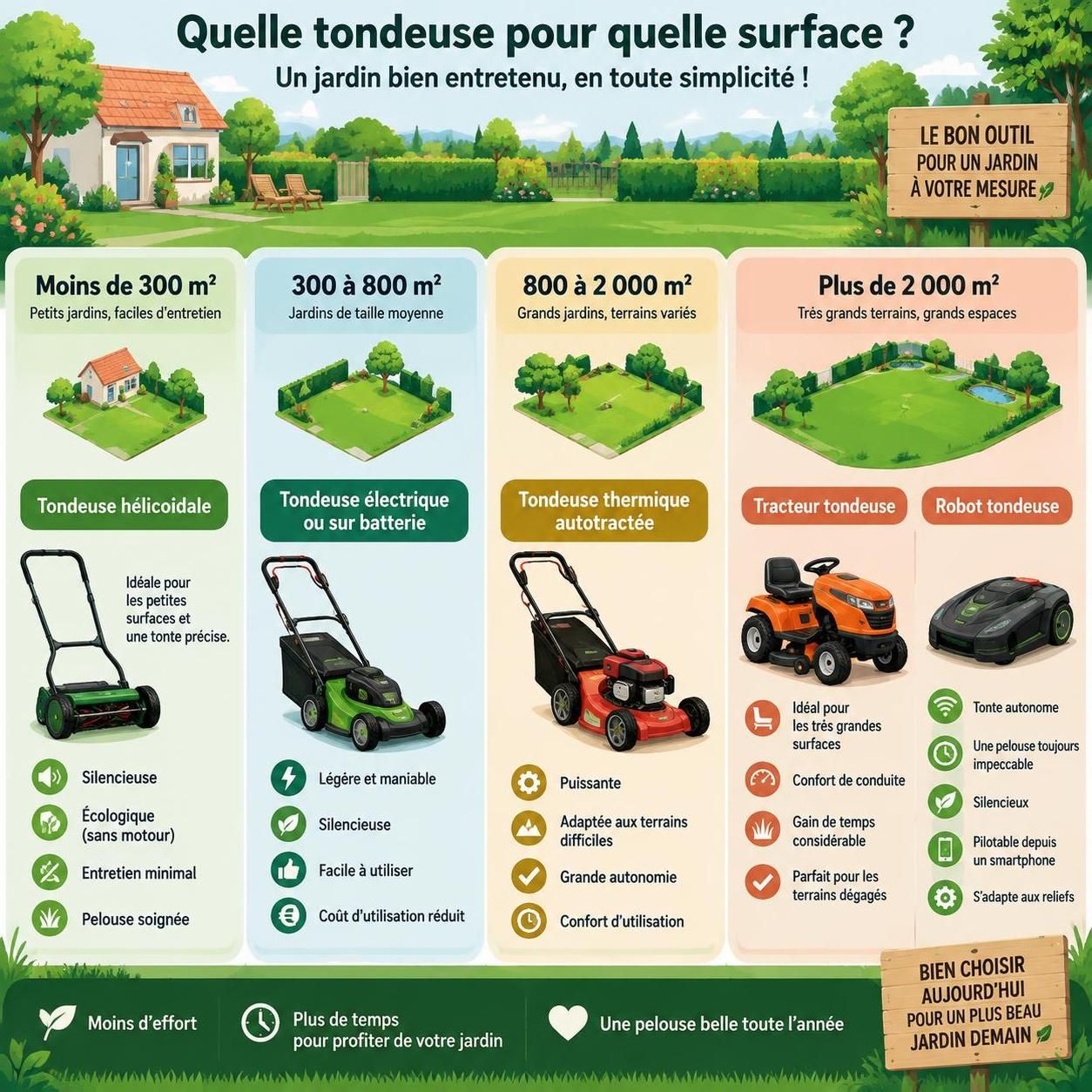 en 2026, choisissez la tondeuse adaptée à votre jardin : thermique, électrique ou robot. comparez les modèles selon la surface, le terrain et vos besoins.