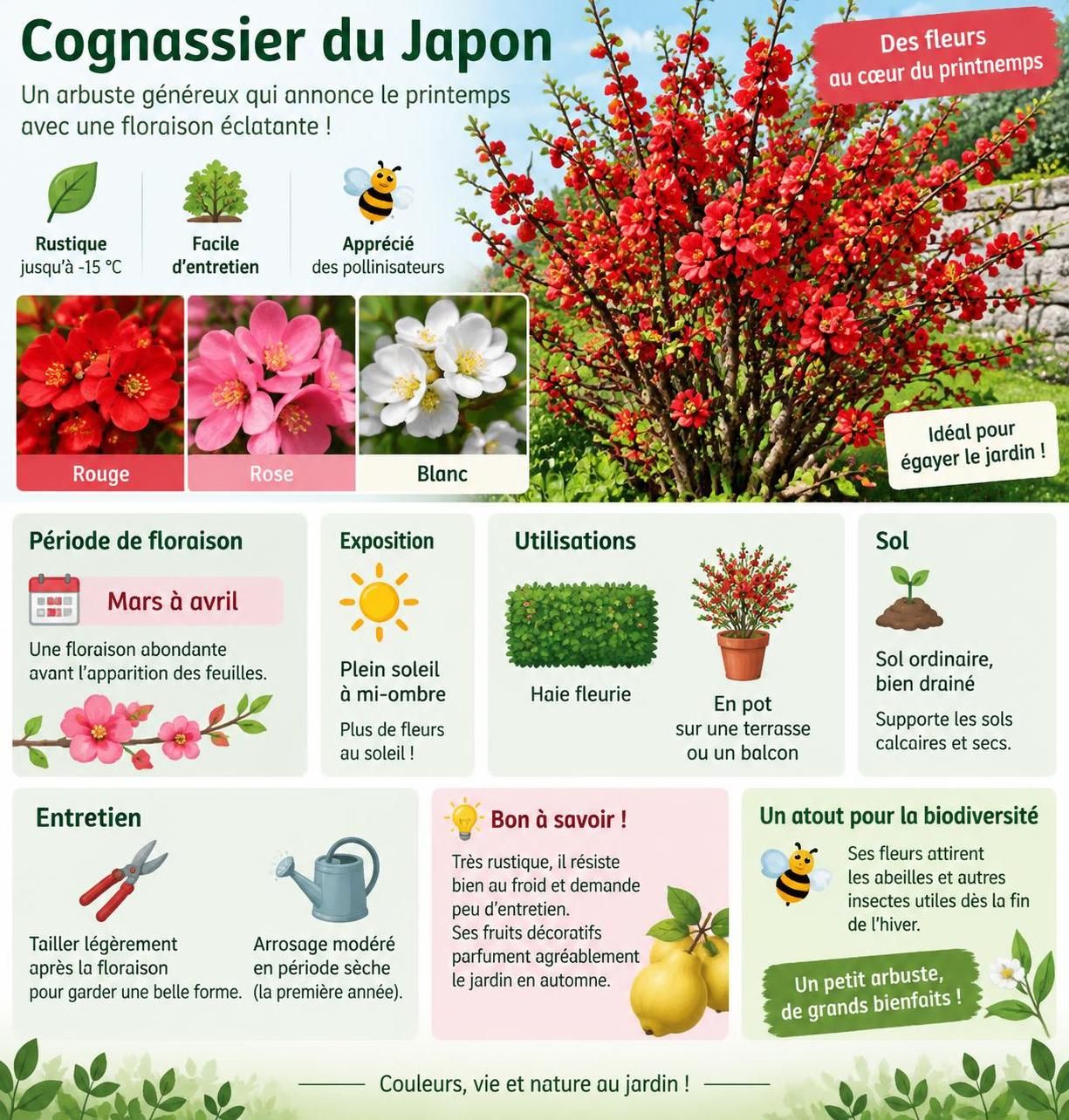 découvrez comment cultiver le cognassier du japon en haie ou en pot et profiter de sa floraison spectaculaire, de ses conseils de plantation à son entretien.