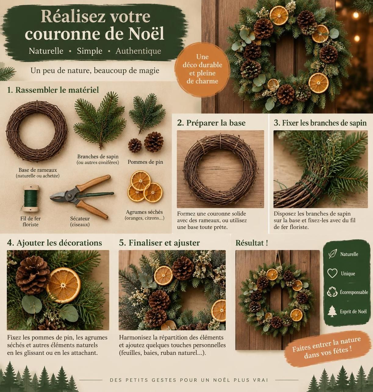 réalisez une déco de noël naturelle et diy avec des guirlandes, couronnes et décorations végétales faites maison, simples et chaleureuses.