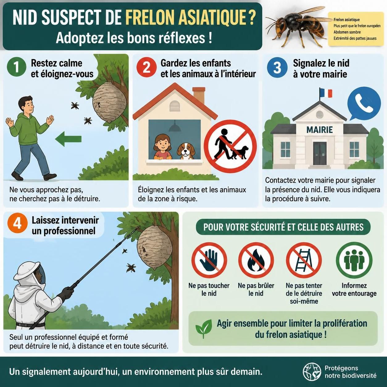 apprenez à reconnaître le frelon asiatique, à faire détruire son nid en toute sécurité et à vous protéger de ses piqûres.