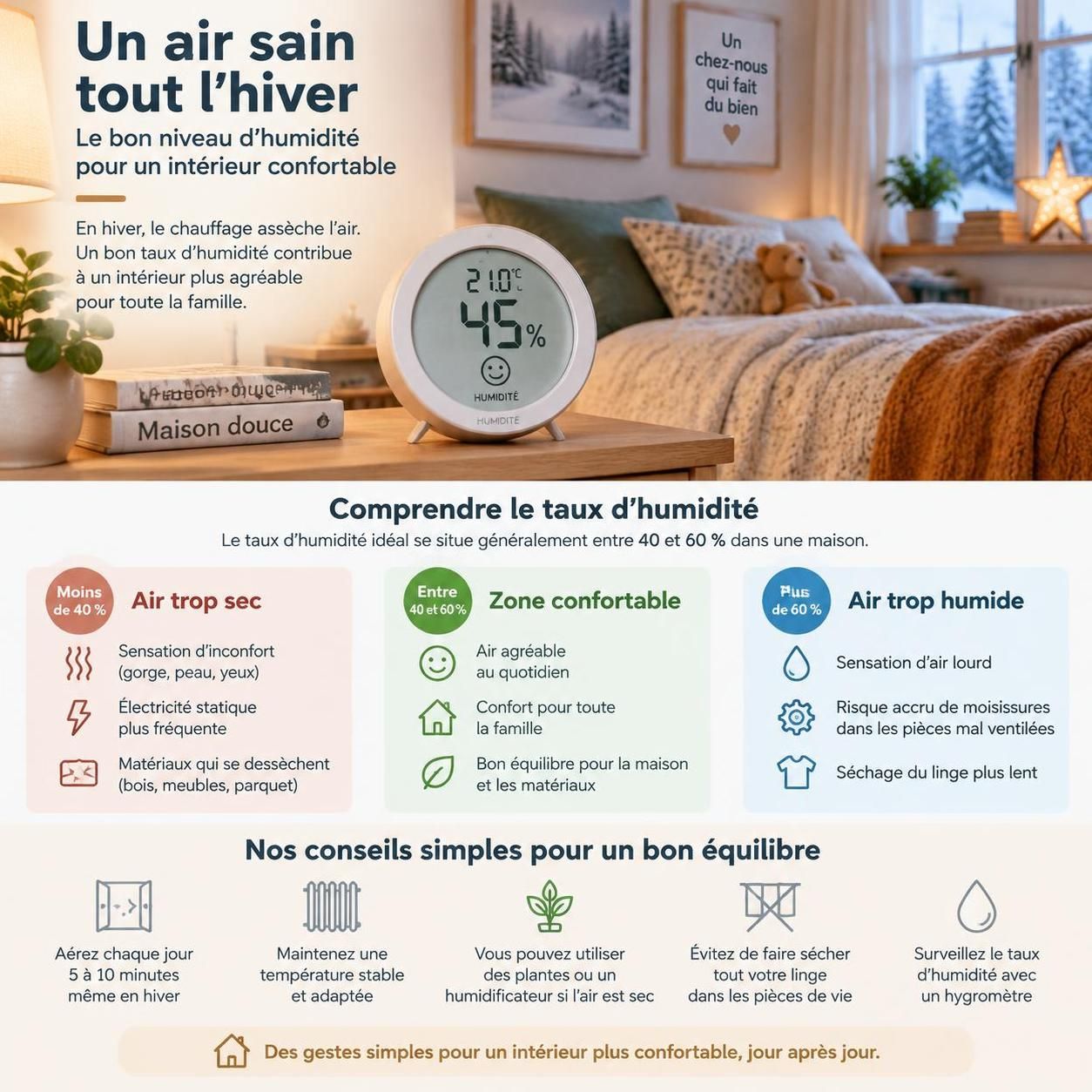 à qui s’adresse un humidificateur d’air, quel taux d’humidité viser et comment l’entretenir pour améliorer le confort intérieur sans risques ?