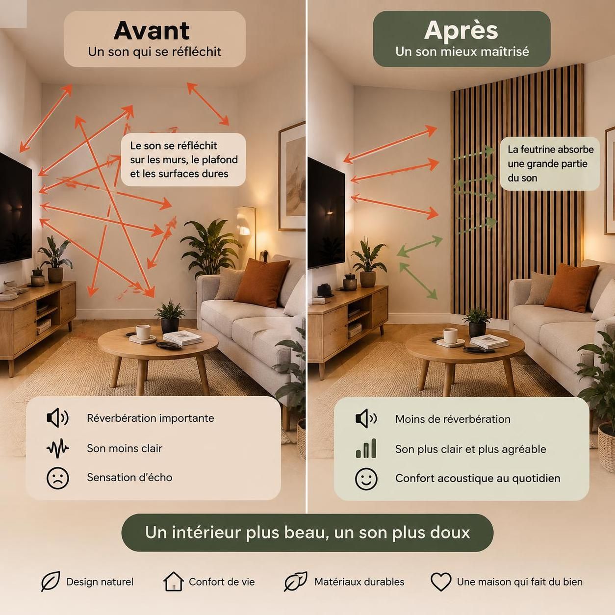 améliorez le confort sonore de votre intérieur avec un panneau acoustique en bois : une solution efficace pour réduire le bruit, aussi décorative que pratique.