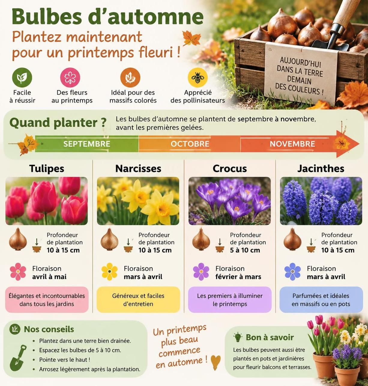 découvrez quand planter vos bulbes en automne et quelles espèces mettre en terre dès maintenant pour un jardin fleuri au printemps.