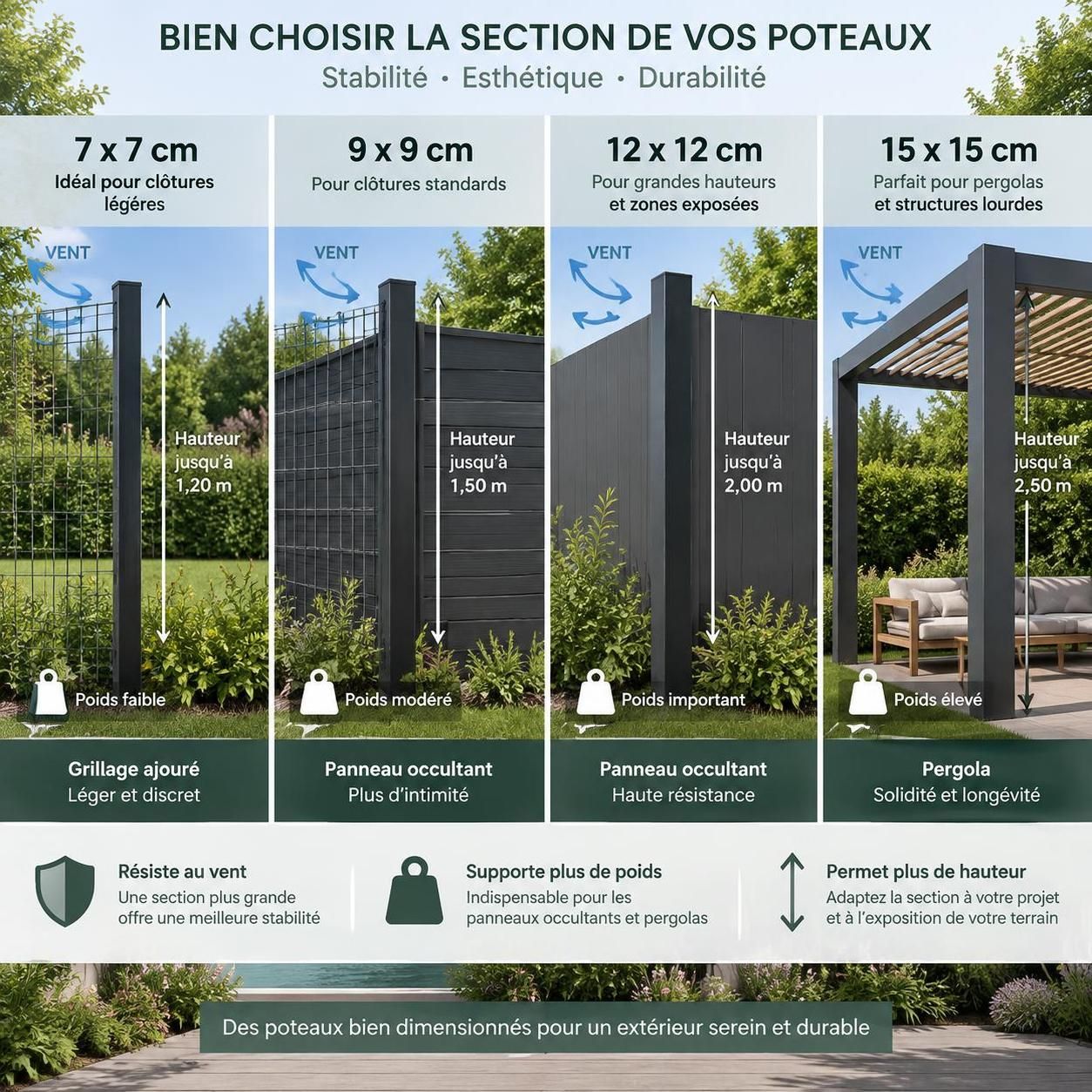 bois, aluminium ou acier : comparez les matériaux des poteaux carrés pour clôture ou pergola et suivez nos conseils pour réussir leur pose.