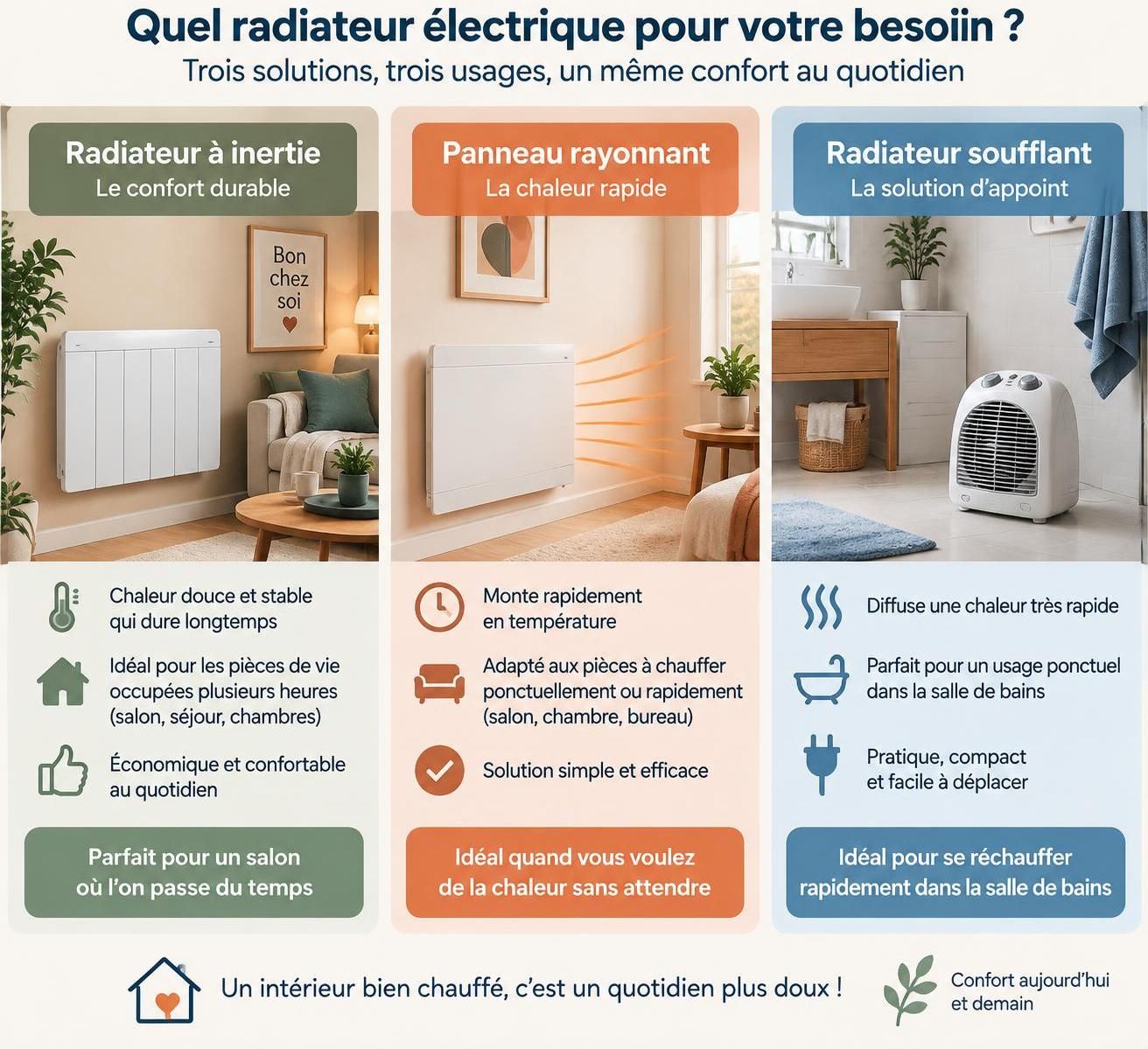en 2026, comparez radiateur à inertie, soufflant et panneau rayonnant : confort, consommation et usage pour choisir le modèle adapté à vos besoins.