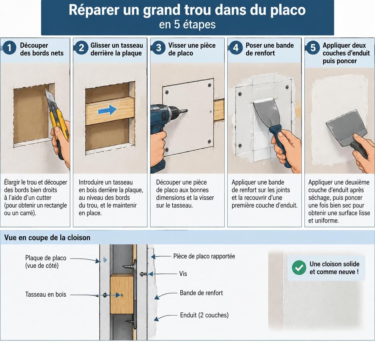 découvrez comment reboucher un trou dans un mur selon sa taille et le type de cloison, avec les bons outils et les étapes à suivre.