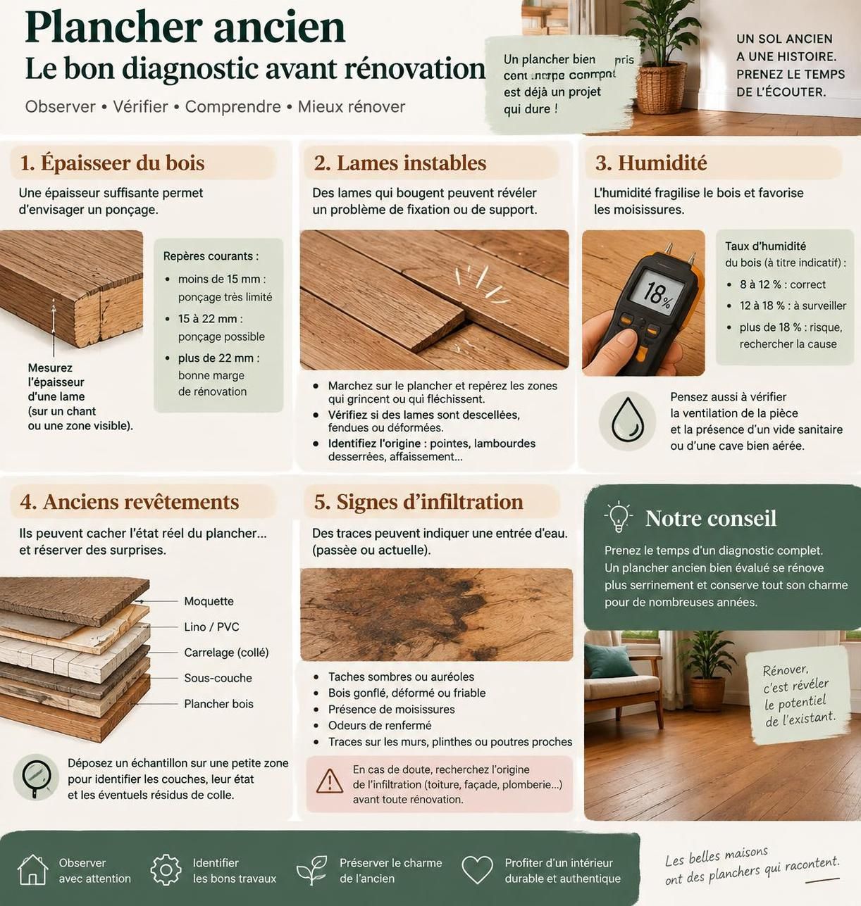 découvrez comment rénover un plancher ancien et choisir entre ponçage, vernis ou cire selon l’essence du bois, son état et le rendu souhaité.