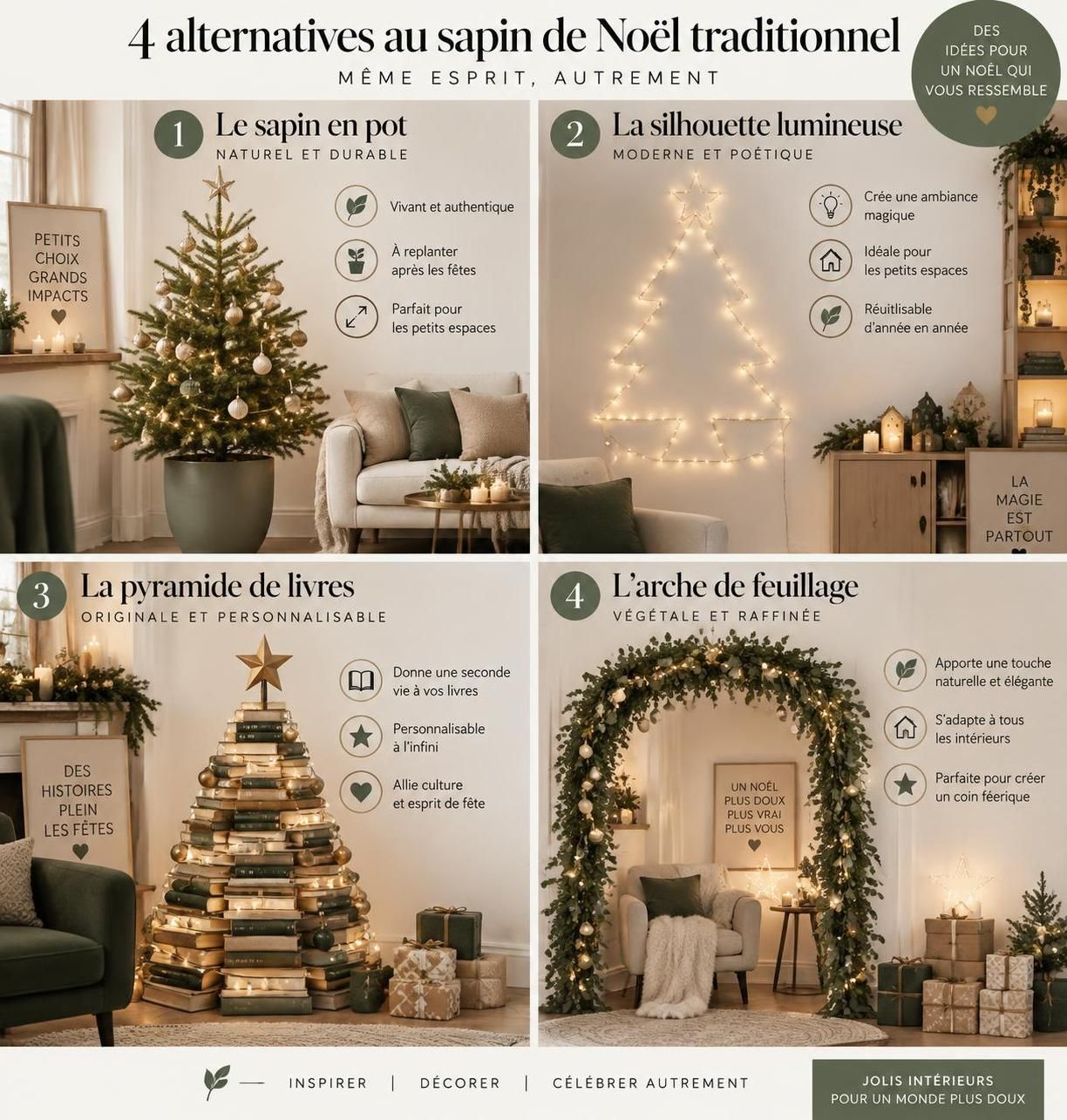 décorez votre salon pour noël avec des idées originales et élégantes : couleurs raffinées, matières chaleureuses et détails festifs loin des clichés.
