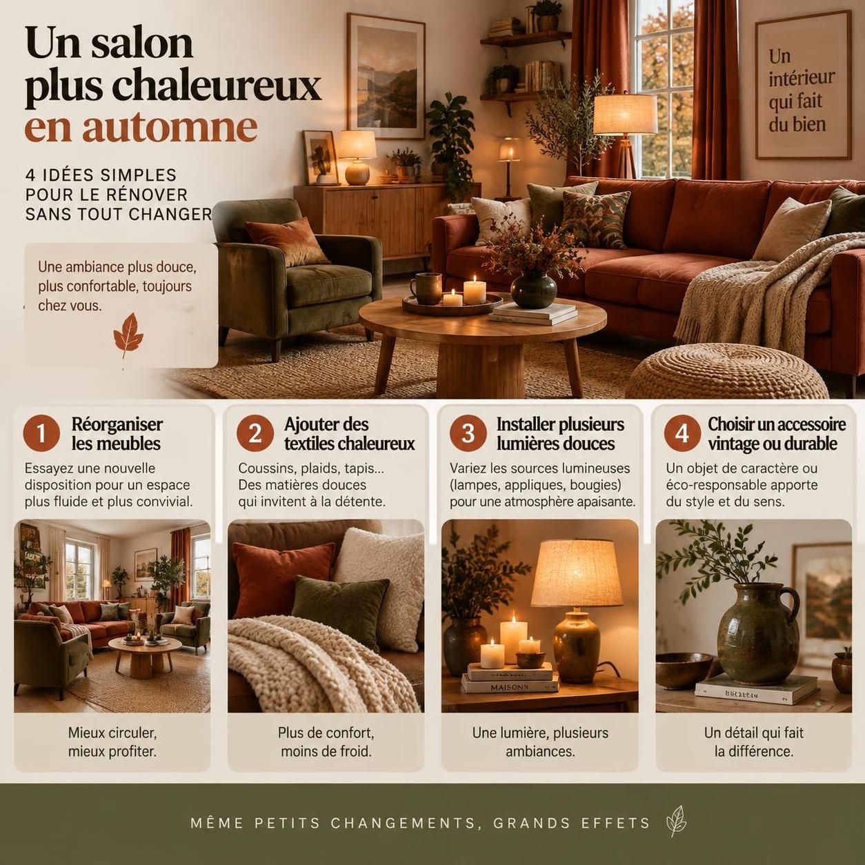 découvrez les tendances déco de l’automne 2026 et nos idées simples pour renouveler votre salon sans tout changer.