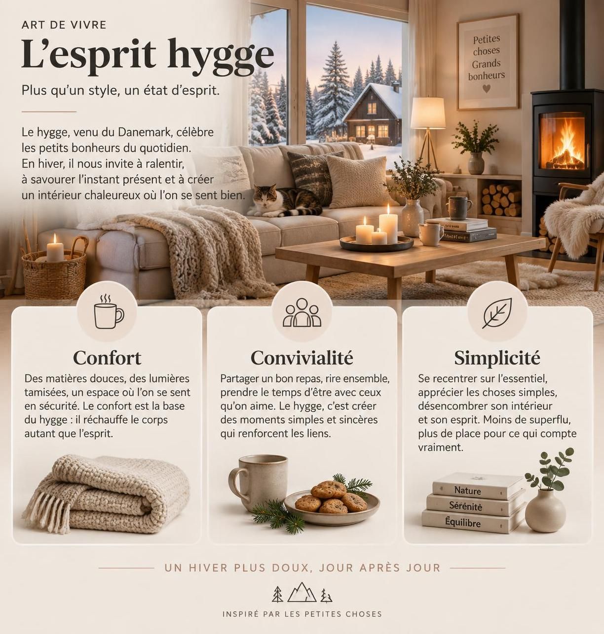 adoptez le style hygge dans votre salon cet hiver : matières naturelles, couleurs douces et lumières tamisées pour créer une ambiance chaleureuse et apaisante.