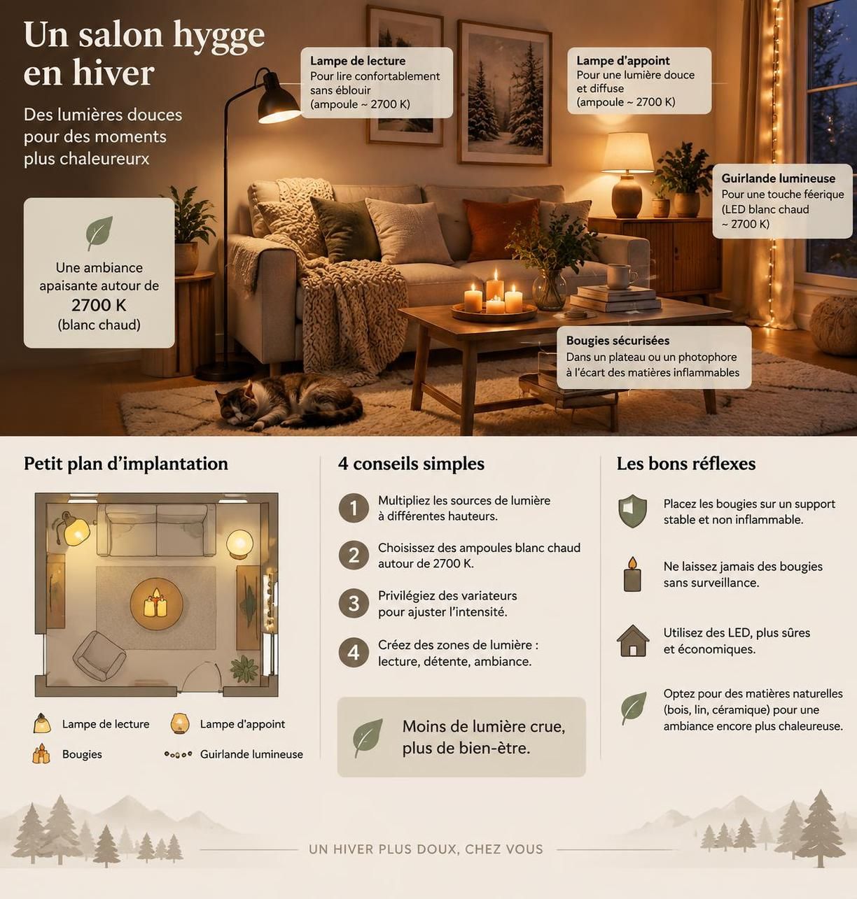 adoptez le style hygge dans votre salon avec des matières naturelles, des couleurs douces et une lumière tamisée pour créer un cocon chaleureux en hiver.