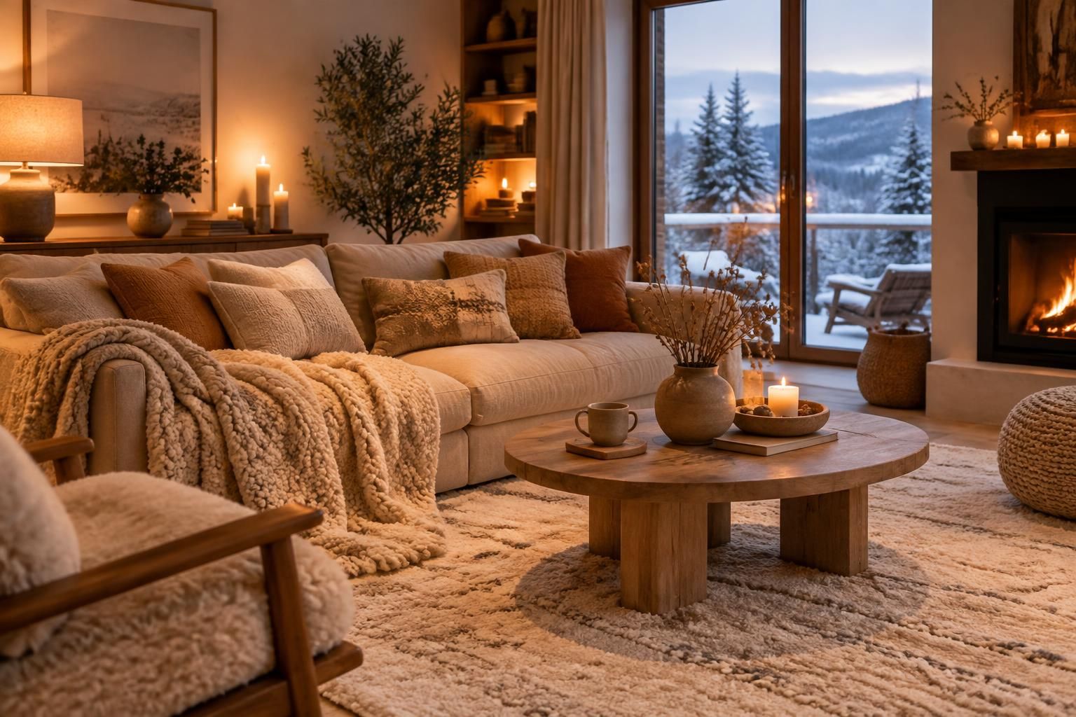 adoptez le style hygge dans votre salon cet hiver : matières naturelles, couleurs douces et lumières tamisées pour une ambiance chaleureuse et apaisante.