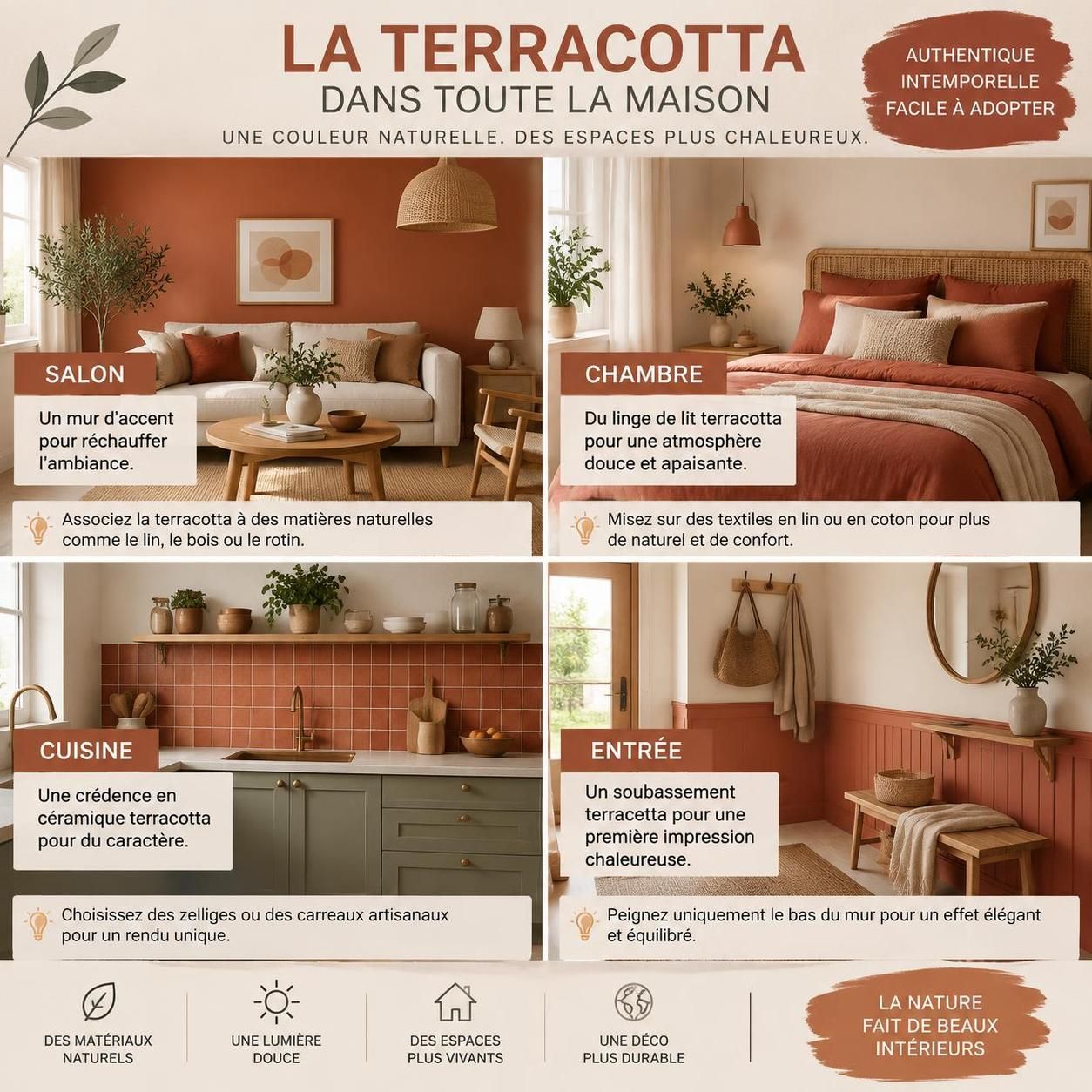 adoptez la terracotta dans votre déco : découvrez les matériaux, couleurs et accessoires qui réchauffent votre intérieur avec style.